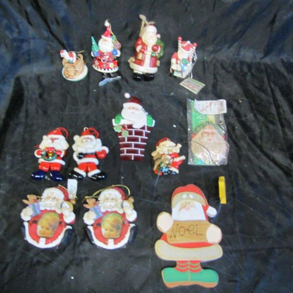 SET OF 12 SANTA THEMED ORNAMENTS ALL CUTE MADE OF DIFFERENT STYLES AND MATERIALS